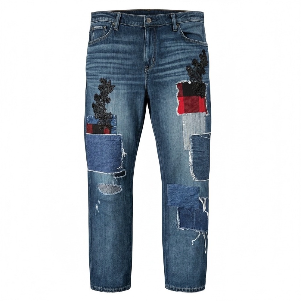 Lauren Ralph Lauren Patchwork Lace Plaid Straight Leg Jeans Blue 14W Plus Size - Picture 5 of 16